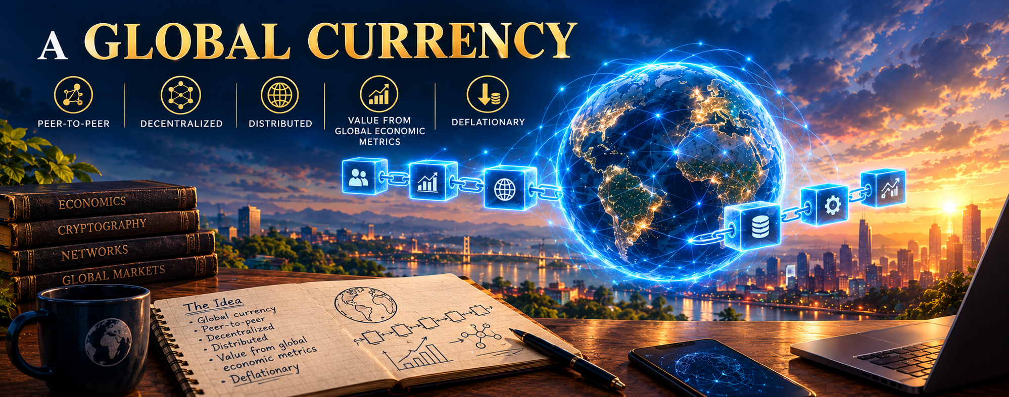 A Global Currency. Five icons: peer-to-peer, decentralized, distributed, value from global economic metrics, deflationary. A chain of blocks winds around a glowing globe at sunset. On the desk, a notebook page headed The Idea lists the same six points: global currency, peer-to-peer, decentralized, distributed, value from global economic metrics, deflationary.