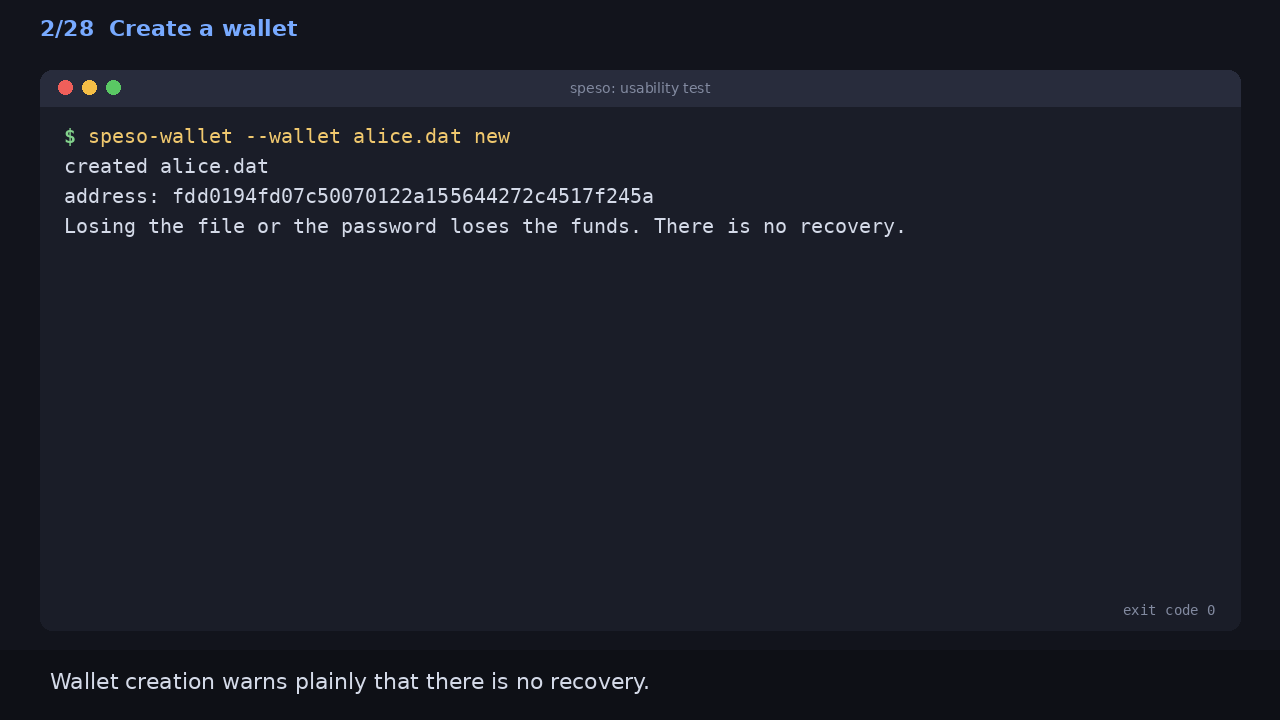 Create a wallet: Wallet creation warns plainly that there is no recovery.