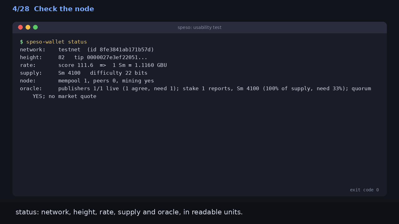 Check the node: status: network, height, rate, supply and oracle, in readable units.