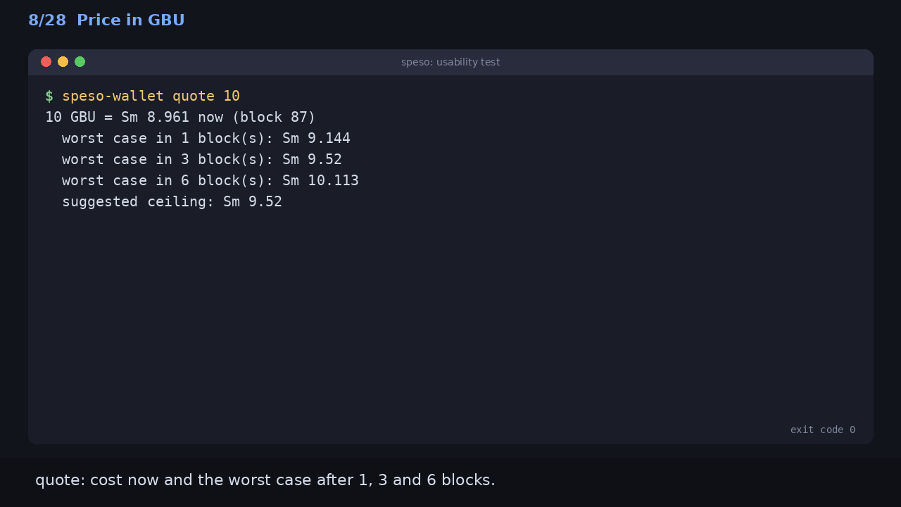 Price in GBU: quote: cost now and the worst case after 1, 3 and 6 blocks.