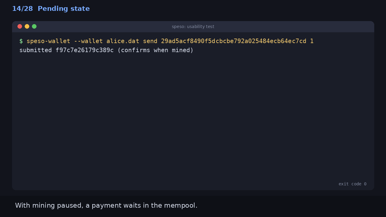 Pending state: With mining paused, a payment waits in the mempool.