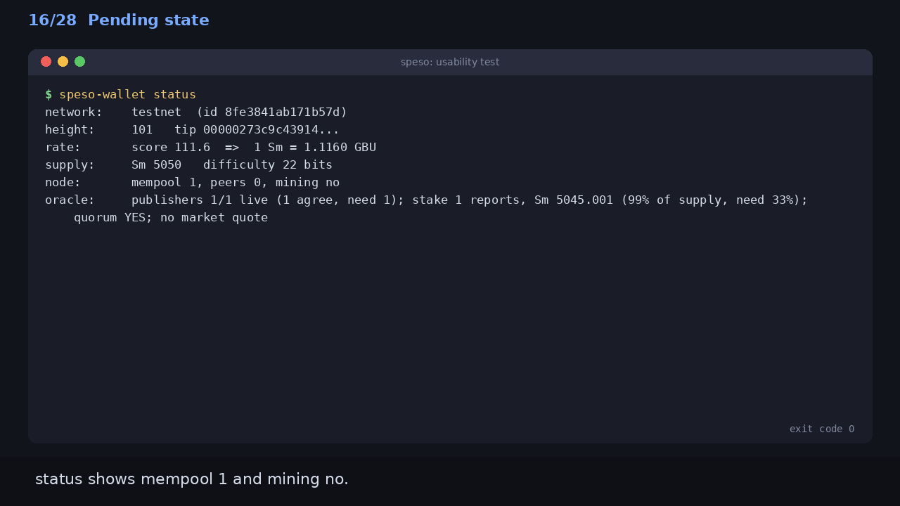 Pending state: status shows mempool 1 and mining no.