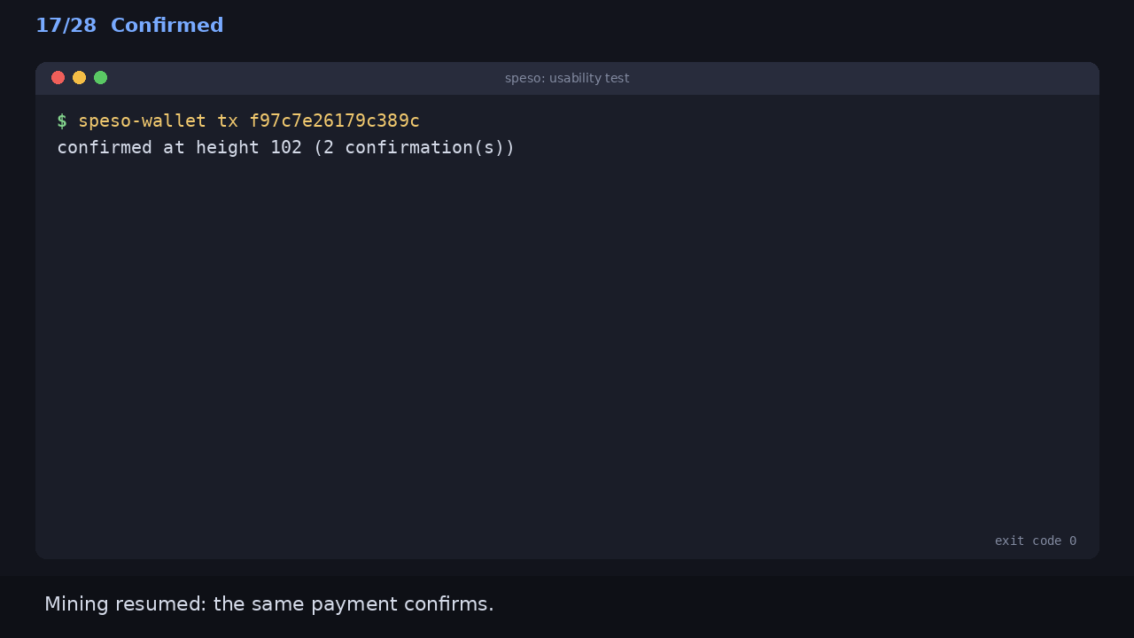 Confirmed: Mining resumed: the same payment confirms.