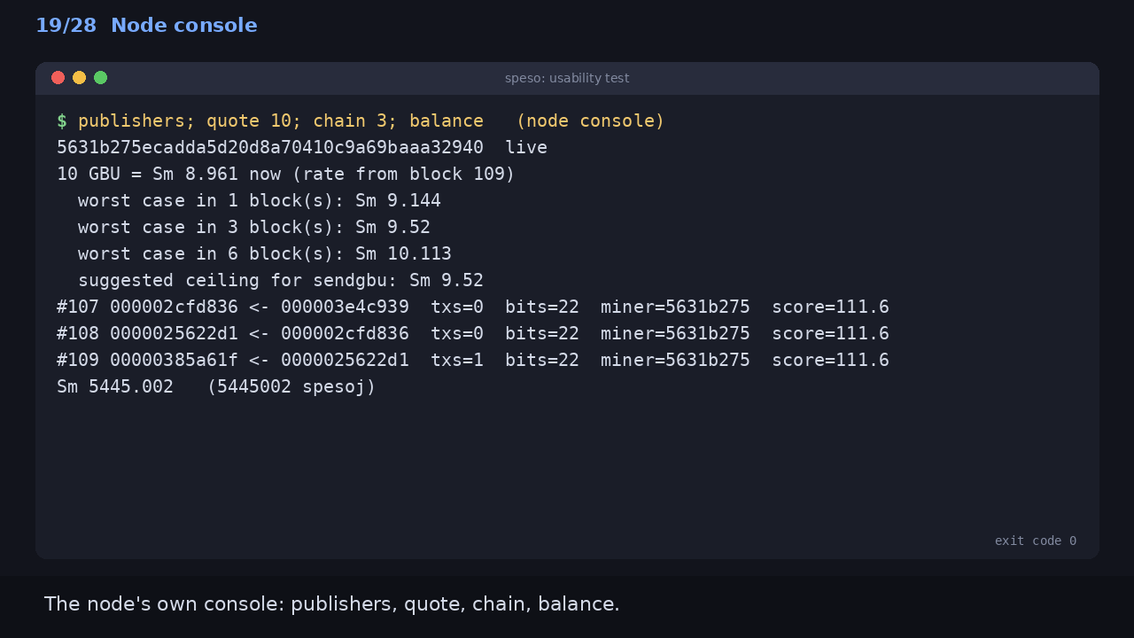 Node console: The node's own console: publishers, quote, chain, balance.