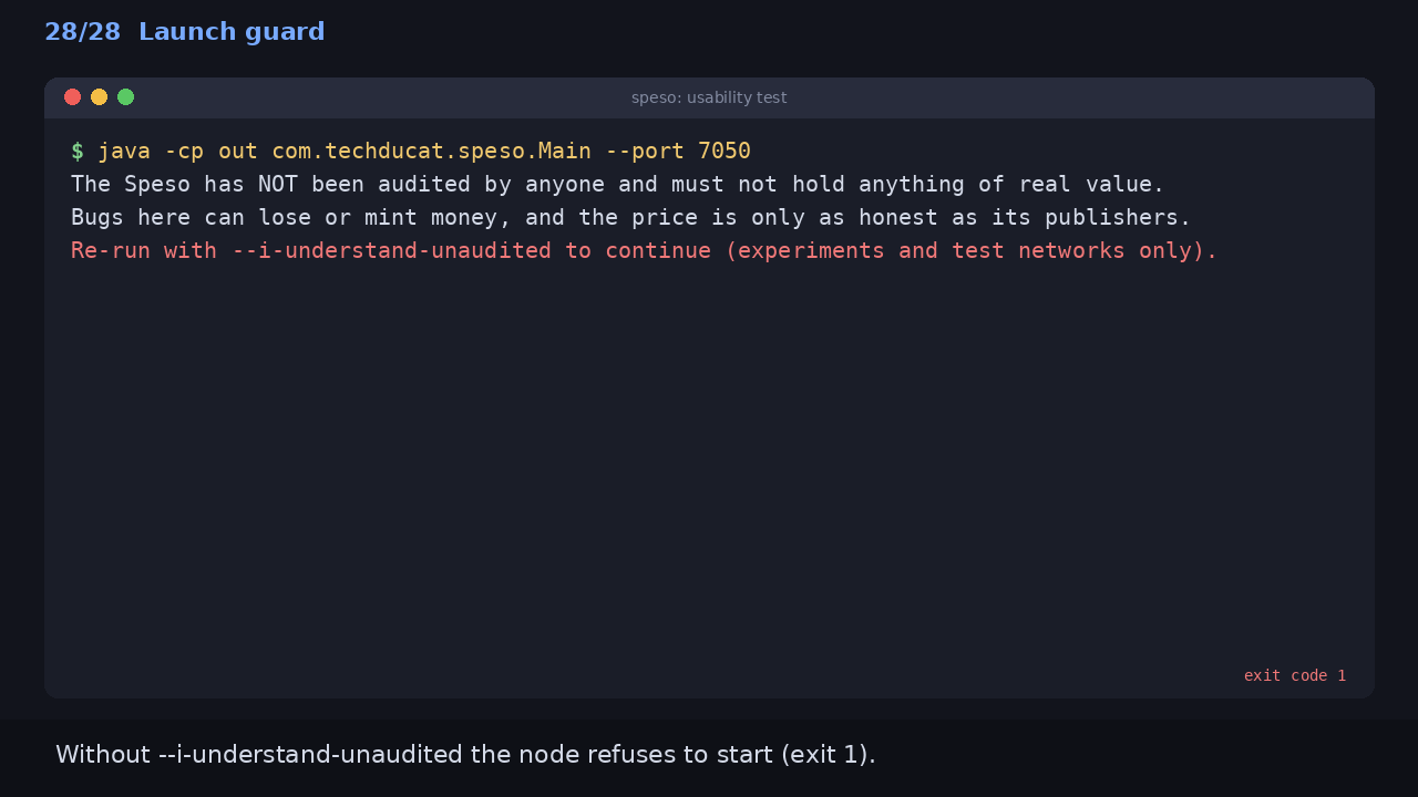 Launch guard: Without --i-understand-unaudited the node refuses to start (exit 1).